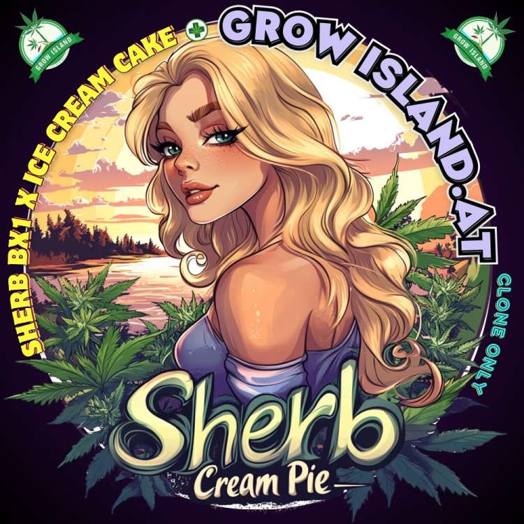 Sherb Creme Pie Logo — blonde Frau in schulterfreiem lilafarbenen Kleid, umgeben von Cannabisblättern; im Hintergrund fließt ein Fluss, gegenüber ein Wald.
