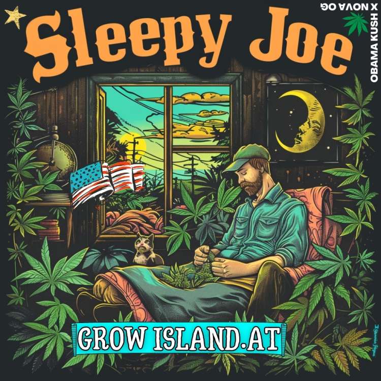 Sleepy Joe Logo — ein Mann schläft in einem Zimmer voller Hanfpflanzen; im Raum sind eine Katze und eine US‑Flagge.