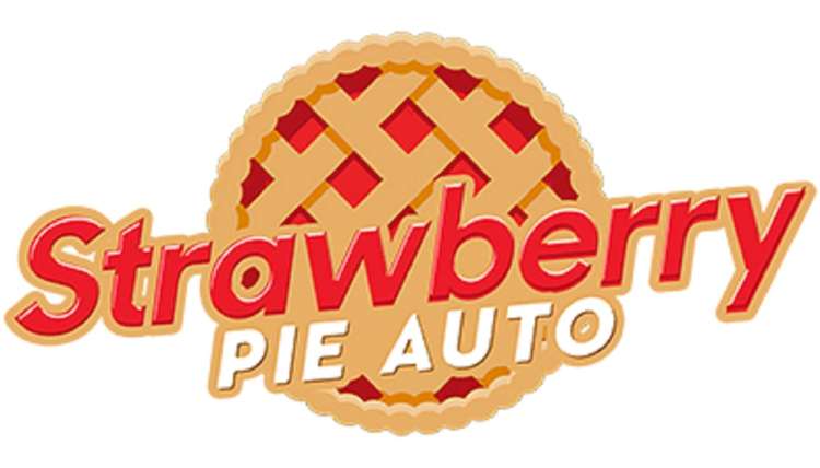 Strawberry Pie logo with red and yellow letters, and a pie behind it