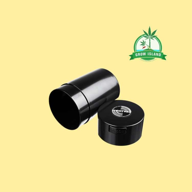 TightVac black Vakuumdose Solid closed with yellow background and green grow island logo in the right upper corner