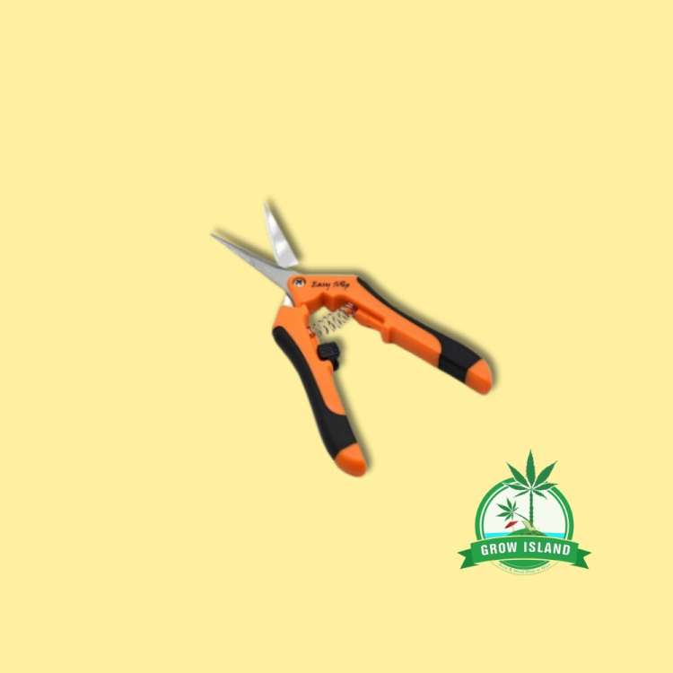 Trimming Scissors opened orange colour with yellow background and green Grow Island logo in the right lower corner