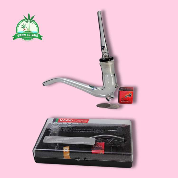 Vapocane + Cane-Gun glass hand pipe with pink background and green Grow Island logo in the left corner