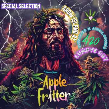 Apple Fritter Illustration mit bärtiger Figur wie Jesus und Hanfblatt‑Kranz, Blitzen und Blüten; Sour Apple × Animal Cookies, Lumpy’s Cut; Grow Island