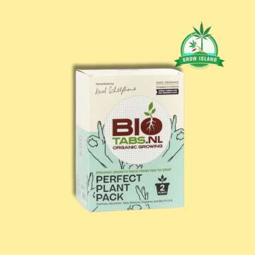 Bio Tabs - Perfect Plant Pack paper box for 2 plants with yellow background and green Grow Island logo in the right upper corner