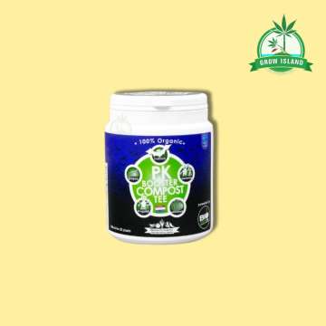 Bio Tabs PK Booster Compost Tea 750ml white plastic jar with yellow background and green Grow Island logo in the right upper corner