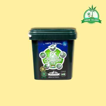 Bio Tabs PK Booster Compost Tea 9L green plastic buket with yellow background and green Grow Island logo in the right upper corner