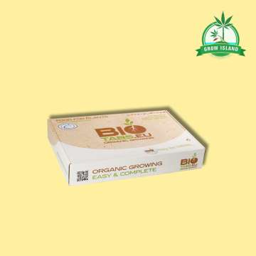 Bio Tabs Starter Box closed with yellow background and green Grow Island logo in the right upper corner