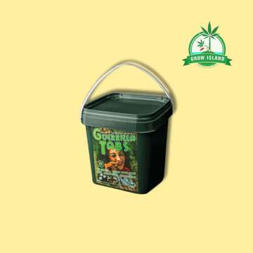 Guerilla Tabs from Biotabs in a green box with yellow background and green GrowIsland logo in the right upper corner