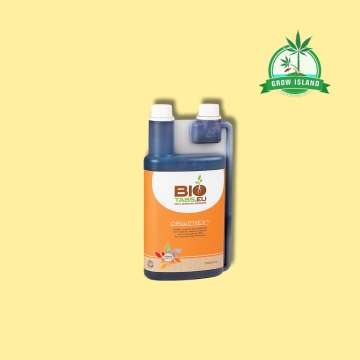 Bio Tabs Orgatrex liquid in platic bottle 1l with yellow background and green GrowIsland logo in the right upper corner