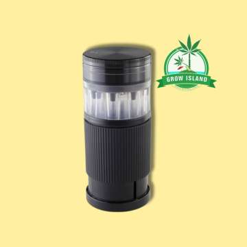 Black Leaf Cone Filler Grinder with yellow background and green grow island logo in the right upper corner