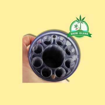 Black Leaf Cone Filler Grinder filler part with yellow background and green grow island logo in the right upper corner