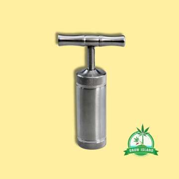 T-Press Pollen press M stainless steel with yellow background and green Grow Island logo in the right lower corner
