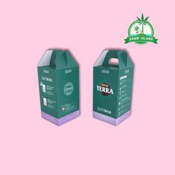 two green paper Canna Terra Easybox from different sides with hell rose background and green Grow Island logo in the right upper corner