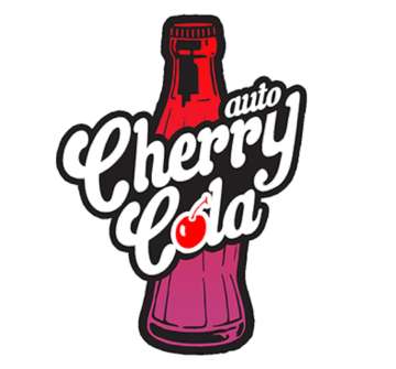 Cherry Cola Auto logo with a red, pink cola in the background