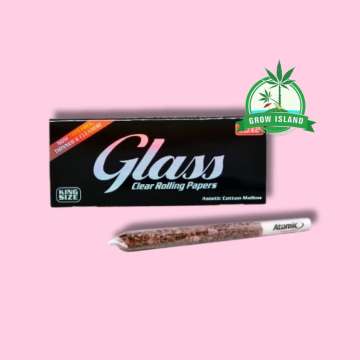 Glass Clear Rolling Papers and a joint with hell rose background and green grow island logo in the right upper corner