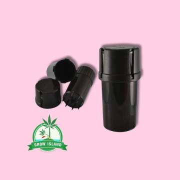 Black Container and Grinder in 3 pieces with hell rose background and green grow Island logo in the left lower corner