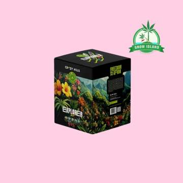 Crazy Hills - Explorer Pack black paper box with hell rose background and a green Grow Island logo in the right upper corner