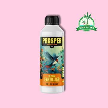 Prosper 500ml white plastic bottle with a colibri on it, rose background and a green Grow Island logo in the right upper corner