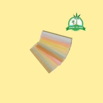 Elements Rainbow Hemp Paper slices blue, yellow, red color with yellow background and green grow Island logo in the right upper corner