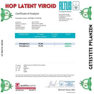Virus test in which the Emergen-C is negative for hop latent virus. with Grow Island logo in the edges.