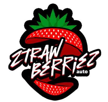 Ztrawberriez Auto logo Strawberry in two pieces in the middle is the text