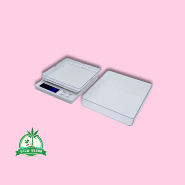G Scale 2000 g - 0,1 g with pink background and green Grow Island logo in the left corner