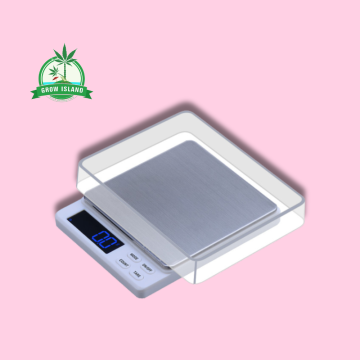 G Scale 2000 g - 0,1 g with pink background and green Grow Island logo in the left corner