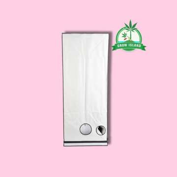 Homebox Ambient R150 from the side with hell rose background and green Grow Island logo in the right upper corner