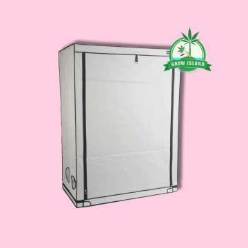 Homebox Ambient R150 closed with hell rose background and green Grow Island logo in the right upper corner