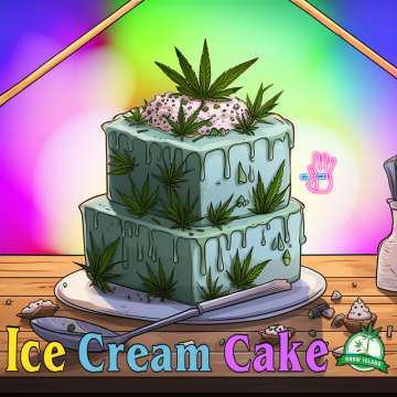 Ice Cream Cake logo with colorfull background from green, blue, purple, a cannabis cake with two layer