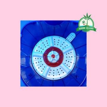 Blue Ice Ectraktor from inside with hell rose background and green Grow Island logo in the right upper corner