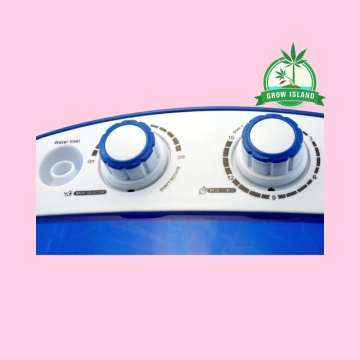 two Blue Ice Ectraktor scroll button with hell rose background and green Grow Island logo in the right upper corner