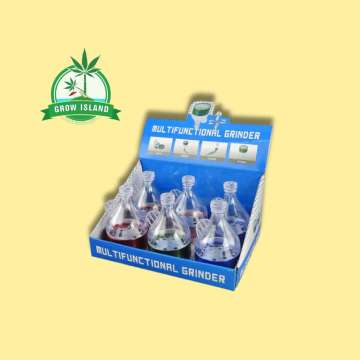 6 piece Alu grinder with built-in filling aid in a blue box with yellow background and green Grow Island logo in the right upper corner
