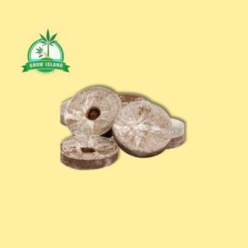 five Jiffy Peat pot round for seeds with yellow background and green Grow Island logo in the öeft upper corner