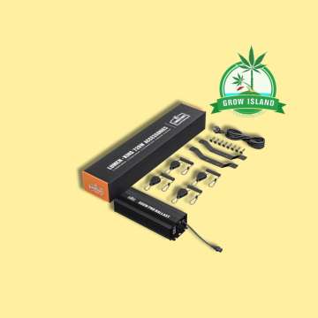 Lumen King 720W LED black box and all accessories with yellow background and green grow island logo in the right upper corner