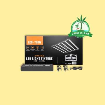Lumen King 720W LED black box and all accessories with yellow background and green grow island logo in the right upper corner