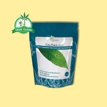 Organics Nutrients - CalMag Alga 1kg pack with yellow background and green Grow Island logo in the left upper corner