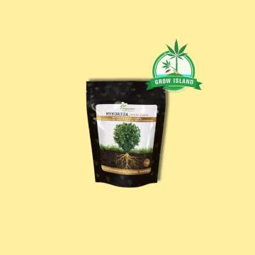 Mykoriza Premium from Organics Nutrients with yellow background and green grow Island logo in the right upper corner