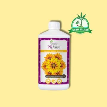 PK Juice from Organics Nutrients 1L white bottle with yellow background and green Grow Island logo in the right upper corner