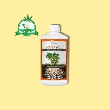 Power Plant from Organics Nutrients 1L black bottle with yellow background and green Grow Island logo in the right upper corner