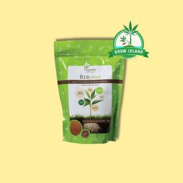 Big Plant from Organics Nutrients green plastic bag with yellow background and green grow island logo in the right upper corner