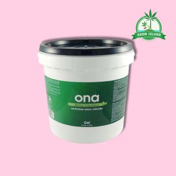 ONA Gel Apple Crumble white plastic bucket with pink background and green Grow Island logo in the right upper corner