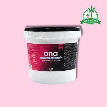 ONA Gel Fruit Fusion white plastic bucket with pink background and green Grow Island logo in the right upper corner