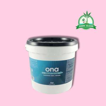 ONA Gel Polar Crystal white plastic bucket with pink background and green Grow Island logo in the right upper corner