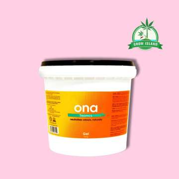 ONA Gel Tropics white plastic bucket with pink background and green Grow Island logo in the right upper corner