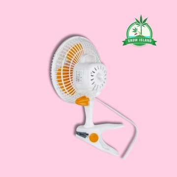 back side of a white and orange colored Cornwall Electronics 20W 2SPEED clip fan with pink background and green Grow Island logo in the upper left corner