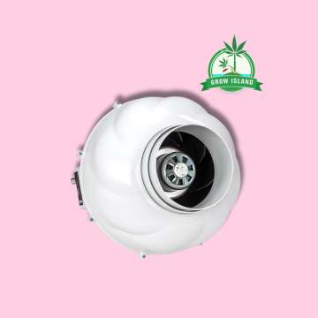 Prima Klima PK150 Rohrventilator with hell rose background and green Grow Island logo in the right upper corner