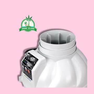 Prima Klima PK150 Rohrventilator from the side with hell rose background and green Grow Island logo in the right upper corner