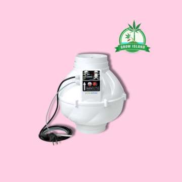 Prima Klima PK150 Rohrventilator with hell rose background and green Grow Island logo in the right upper corner