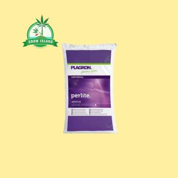 Plagron perlit purple-white bag with yellow background and green Grow Island logo in the upper left corner